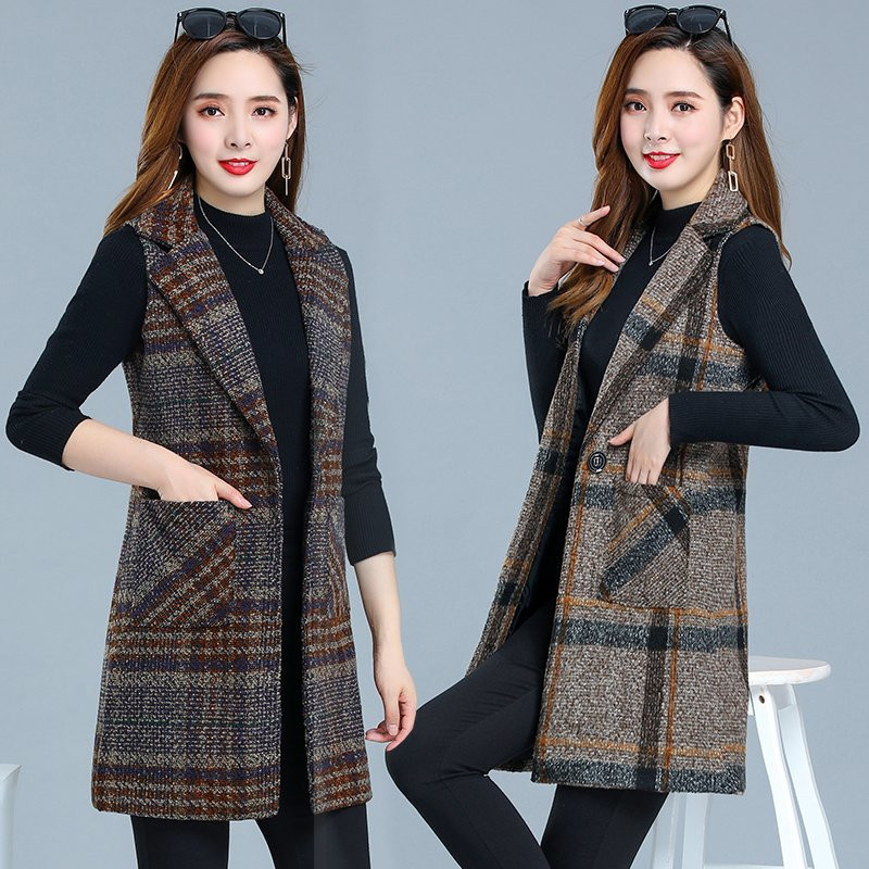 Jesenska ženska jakna s prslukom 2022. Novi karirani vuneni prsluk Srednje dugačak kaput Jakna bez rukava Ženski prsluk s kaputom Ležerne majice 5XL