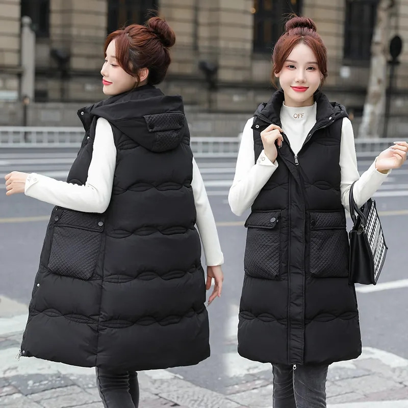 Dámska bezrukávová bunda, nová jesenná zimná móda, ležérna dámska teplá stredne dlhá vesta, vrchné oblečenie, dámska odnímateľná vesta s kapucňou