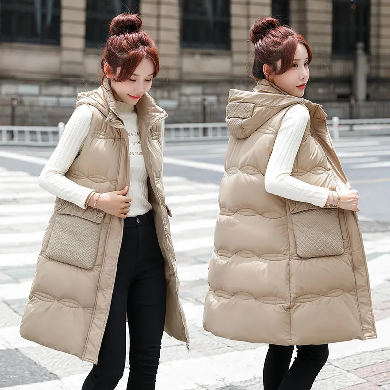 Dámska bezrukávová bunda, nová jesenná zimná móda, ležérna dámska teplá stredne dlhá vesta, vrchné oblečenie, dámska odnímateľná vesta s kapucňou