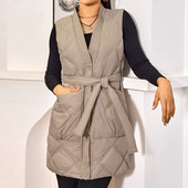 Striukė ilgomis rankovėmis Moteriškos kišenės Ilgos liemenės Liemenė Šiltas žieminis diržas Suvarstomas paltas Viršutiniai drabužiai Moteriški pūkiniai dygsniuota liemenė