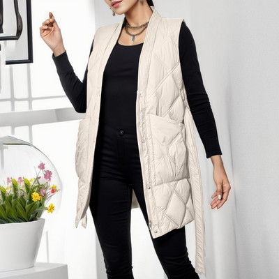 Striukė ilgomis rankovėmis Moteriškos kišenės Ilgos liemenės Liemenė Šiltas žieminis diržas Suvarstomas paltas Viršutiniai drabužiai Moteriški pūkiniai dygsniuota liemenė