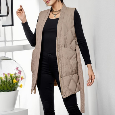 Striukė ilgomis rankovėmis Moteriškos kišenės Ilgos liemenės Liemenė Šiltas žieminis diržas Suvarstomas paltas Viršutiniai drabužiai Moteriški pūkiniai dygsniuota liemenė