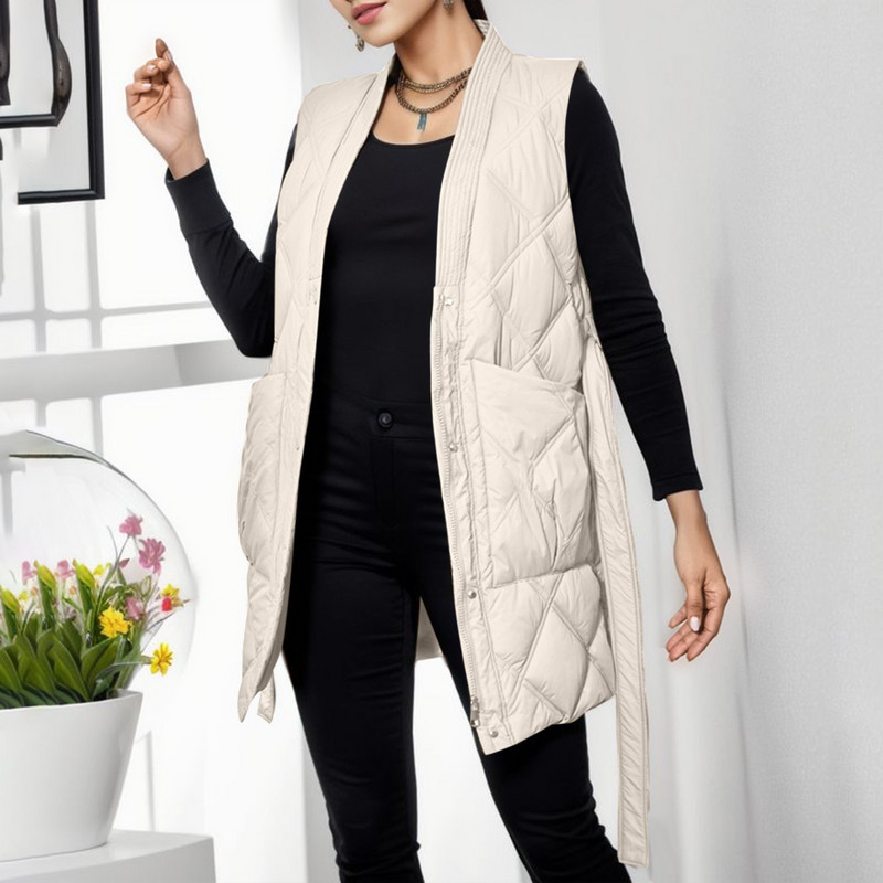 Striukė ilgomis rankovėmis Moteriškos kišenės Ilgos liemenės Liemenė Šiltas žieminis diržas Suvarstomas paltas Viršutiniai drabužiai Moteriški pūkiniai dygsniuota liemenė