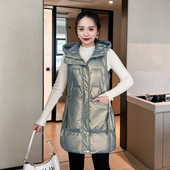 Jesen Zima Ženski pamučni prsluk Nova svjetlucava jakna bez rukava s kapuljačom Ženski prsluk Srednje dugačak donji pamučni prsluk Chaleco Mujer