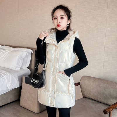 Jesen Zima Ženski pamučni prsluk Nova svjetlucava jakna bez rukava s kapuljačom Ženski prsluk Srednje dugačak donji pamučni prsluk Chaleco Mujer