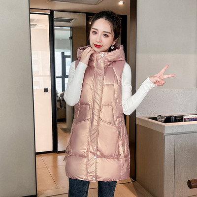 Jesen Zima Ženski pamučni prsluk Nova svjetlucava jakna bez rukava s kapuljačom Ženski prsluk Srednje dugačak donji pamučni prsluk Chaleco Mujer