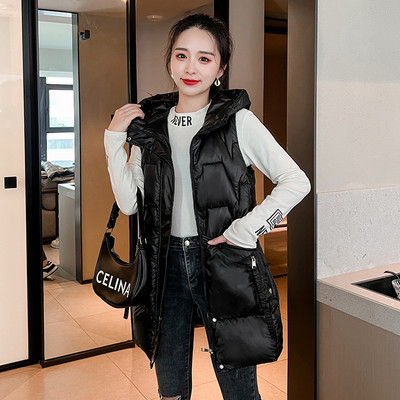 Jesen Zima Ženski pamučni prsluk Nova svjetlucava jakna bez rukava s kapuljačom Ženski prsluk Srednje dugačak donji pamučni prsluk Chaleco Mujer