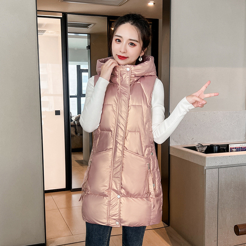 Jesen Zima Ženski pamučni prsluk Nova svjetlucava jakna bez rukava s kapuljačom Ženski prsluk Srednje dugačak donji pamučni prsluk Chaleco Mujer