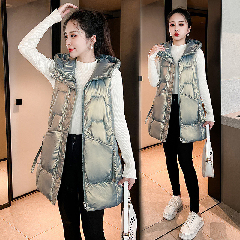 Jesen Zima Ženski pamučni prsluk Nova svjetlucava jakna bez rukava s kapuljačom Ženski prsluk Srednje dugačak donji pamučni prsluk Chaleco Mujer