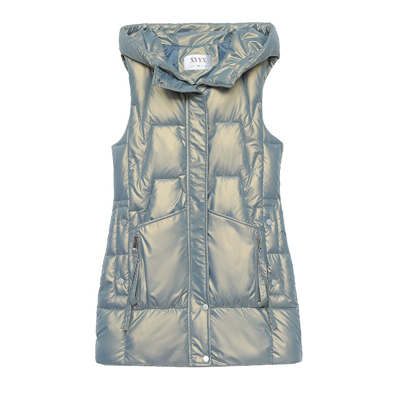 Jesen Zima Ženski pamučni prsluk Nova svjetlucava jakna bez rukava s kapuljačom Ženski prsluk Srednje dugačak donji pamučni prsluk Chaleco Mujer