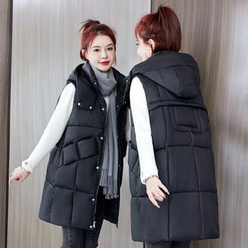 Αποσπώμενο βαμβακερό γιλέκο με κουκούλα για γυναίκες Φθινοπωρινό χειμερινό μπουφάν Κορεατικό γιλέκο μεσαίου μήκους αμάνικο μπουφάν γυναικείο γιλέκο