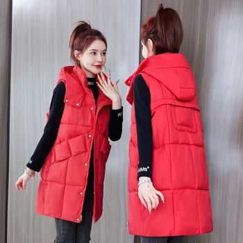 Αποσπώμενο βαμβακερό γιλέκο με κουκούλα για γυναίκες Φθινοπωρινό χειμερινό μπουφάν Κορεατικό γιλέκο μεσαίου μήκους αμάνικο μπουφάν γυναικείο γιλέκο