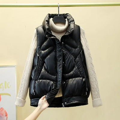 Vestă de femeie cu guler stand nou, scurtă, de culoare strălucitoare, jachetă căptușită din bumbac, fără mâneci, vestă de iarnă pentru femei, haină Chaleco Mujer