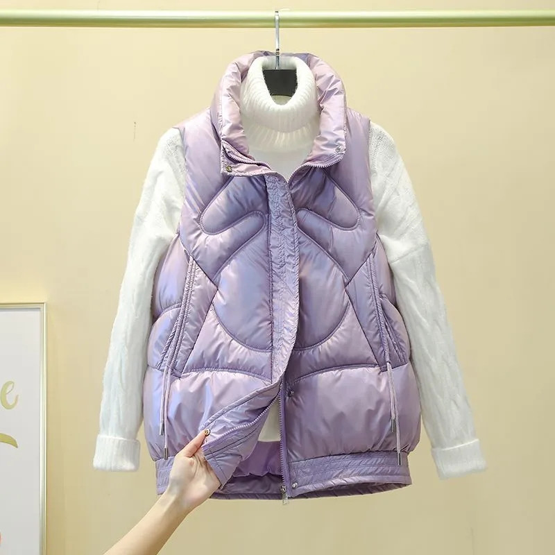 Vestă de femeie cu guler stand nou, scurtă, de culoare strălucitoare, jachetă căptușită din bumbac, fără mâneci, vestă de iarnă pentru femei, haină Chaleco Mujer