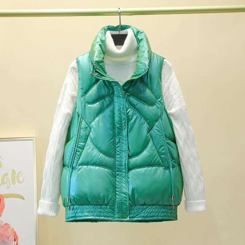 Vestă de femeie cu guler stand nou, scurtă, de culoare strălucitoare, jachetă căptușită din bumbac, fără mâneci, vestă de iarnă pentru femei, haină Chaleco Mujer