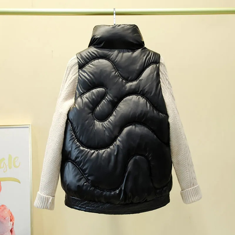 Vestă de femeie cu guler stand nou, scurtă, de culoare strălucitoare, jachetă căptușită din bumbac, fără mâneci, vestă de iarnă pentru femei, haină Chaleco Mujer