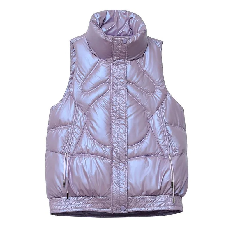 Vestă de femeie cu guler stand nou, scurtă, de culoare strălucitoare, jachetă căptușită din bumbac, fără mâneci, vestă de iarnă pentru femei, haină Chaleco Mujer