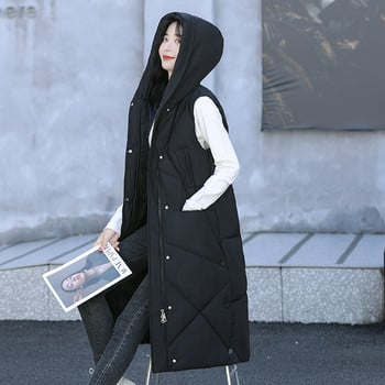 Γυναικείο αμάνικο γιλέκο Μακρύ πουπουλένιο τζάκετ Κορέα με κουκούλα με επένδυση Γιλέκα Φαρδιά εξωτερικά ενδύματα 2022 Γυναικεία μόδα casual χειμωνιάτικο παλτό