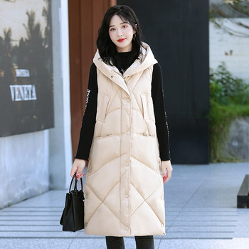 Γυναικείο αμάνικο γιλέκο Μακρύ πουπουλένιο τζάκετ Κορέα με κουκούλα με επένδυση Γιλέκα Φαρδιά εξωτερικά ενδύματα 2022 Γυναικεία μόδα casual χειμωνιάτικο παλτό