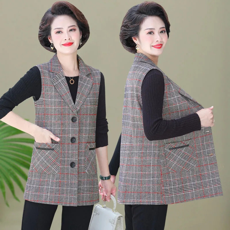 Jarná jesenná dámska kockovaná vesta, bunda 2022, módna štíhla vesta bez rukávov s vreckom, ležérna vesta, dámske topy, chalecos para mujer