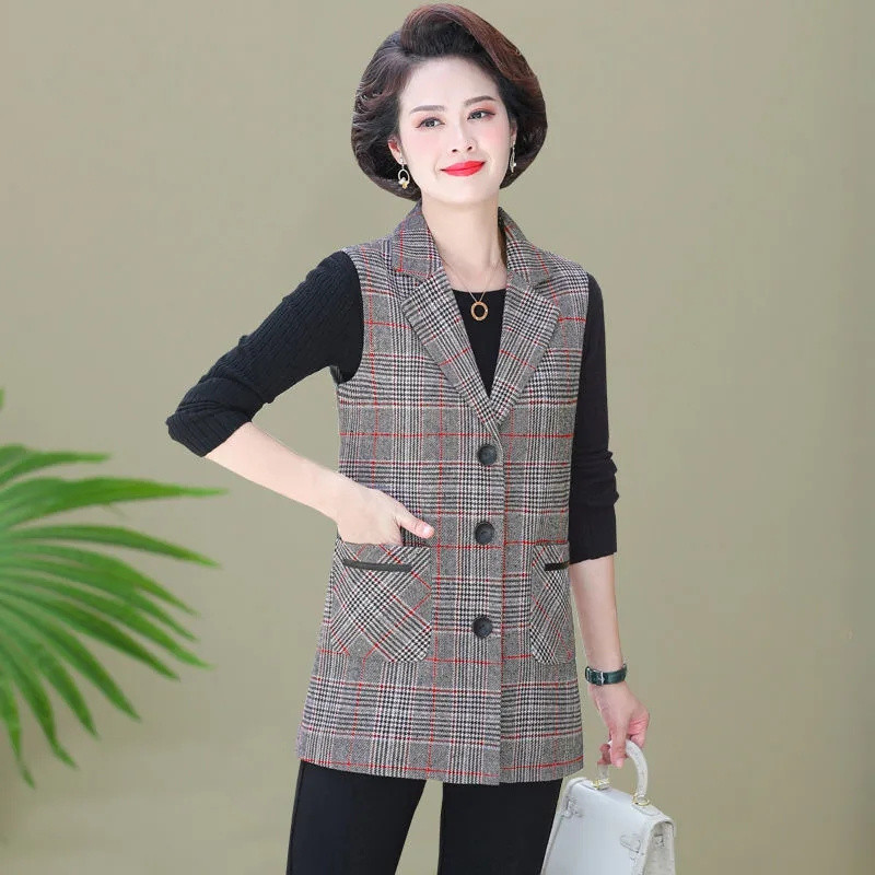 Jarná jesenná dámska kockovaná vesta, bunda 2022, módna štíhla vesta bez rukávov s vreckom, ležérna vesta, dámske topy, chalecos para mujer