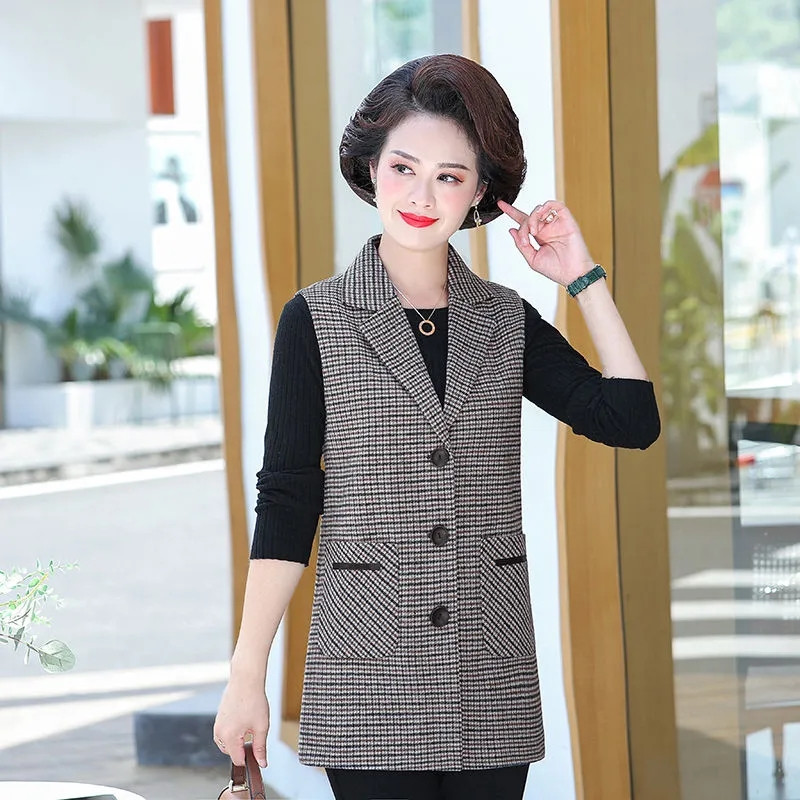 Jarná jesenná dámska kockovaná vesta, bunda 2022, módna štíhla vesta bez rukávov s vreckom, ležérna vesta, dámske topy, chalecos para mujer