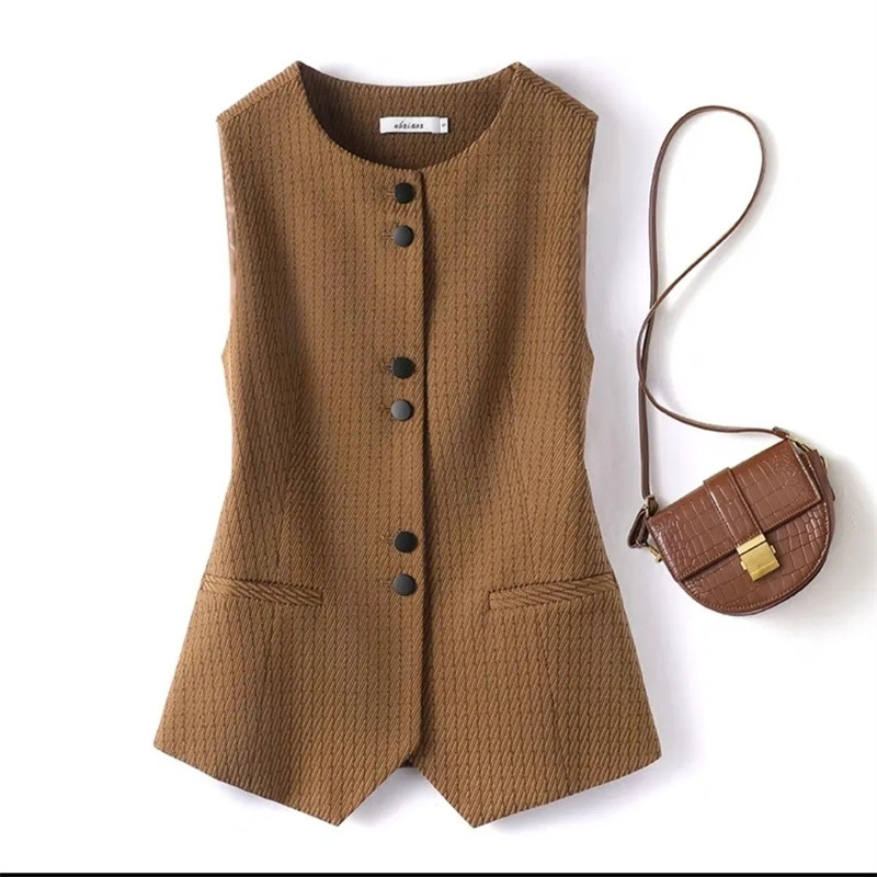 Proljetno-jesenski prsluk s O-izrezom Ženski kaput Novi jednobojni kratki sako bez rukava s jednim kopčanjem Ženski gornji dio prsluka Chaleco Mujer