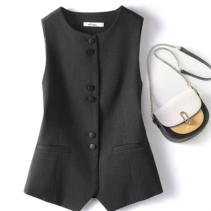 Proljetno-jesenski prsluk s O-izrezom Ženski kaput Novi jednobojni kratki sako bez rukava s jednim kopčanjem Ženski gornji dio prsluka Chaleco Mujer