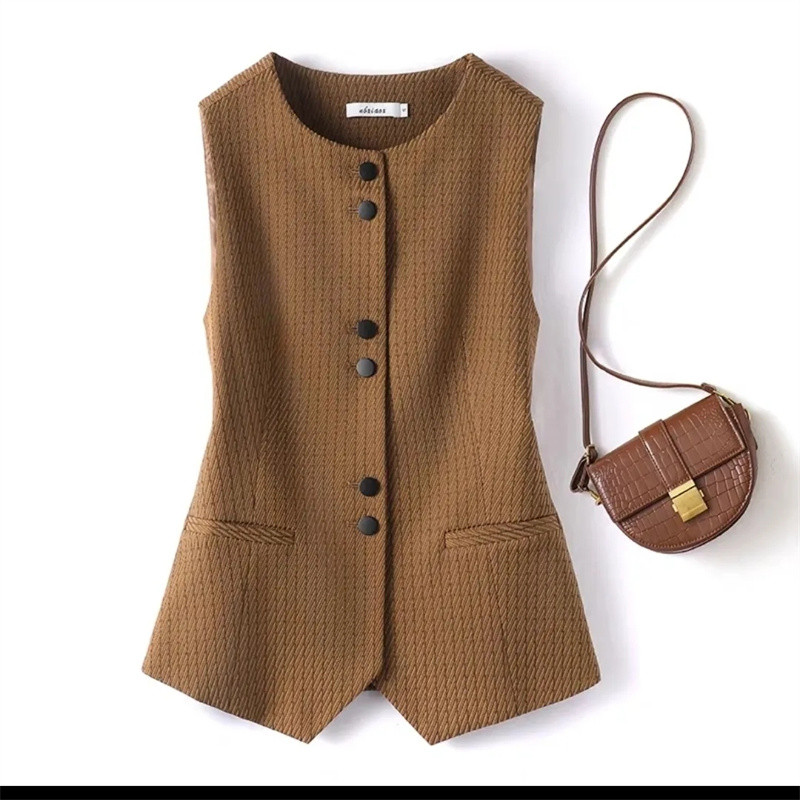 Proljetno-jesenski prsluk s O-izrezom Ženski kaput Novi jednobojni kratki sako bez rukava s jednim kopčanjem Ženski gornji dio prsluka Chaleco Mujer