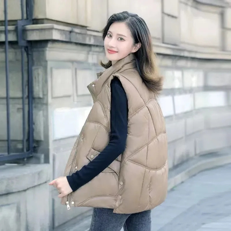2023 NOI Jachetă din bumbac de puf pentru femei, toamnă iarnă, guler scurt, jachetă din bumbac fără mâneci, vestă casual pentru femei