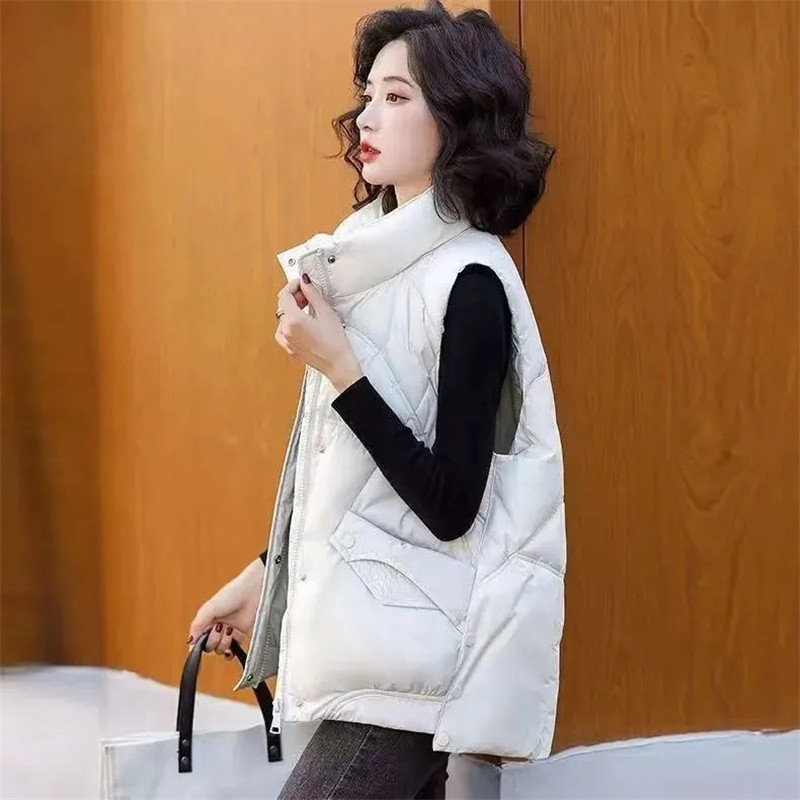 2023 NOI Jachetă din bumbac de puf pentru femei, toamnă iarnă, guler scurt, jachetă din bumbac fără mâneci, vestă casual pentru femei
