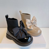 Dievčenské ponožkové čižmy z roku 2022, hrubé, s veľkým motýlikom, elegantné, roztomilé detské krátke čižmy, lakovaná koža, zimné, módne, detské topánky s prepravou, F11134