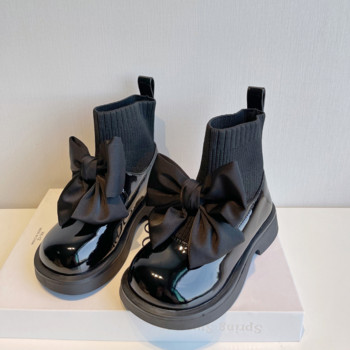 2022 г. Ботуши с чорапи за момиче, масивна голяма папийонка Елегантни сладки детски къси ботуши Лачени зимни модни детски обувки F11134