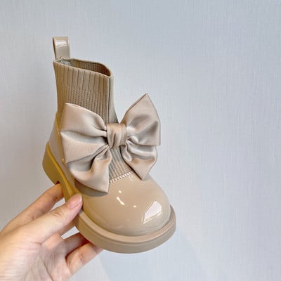 Dievčenské ponožkové čižmy z roku 2022, hrubé, s veľkým motýlikom, elegantné, roztomilé detské krátke čižmy, lakovaná koža, zimné, módne, detské topánky s prepravou, F11134
