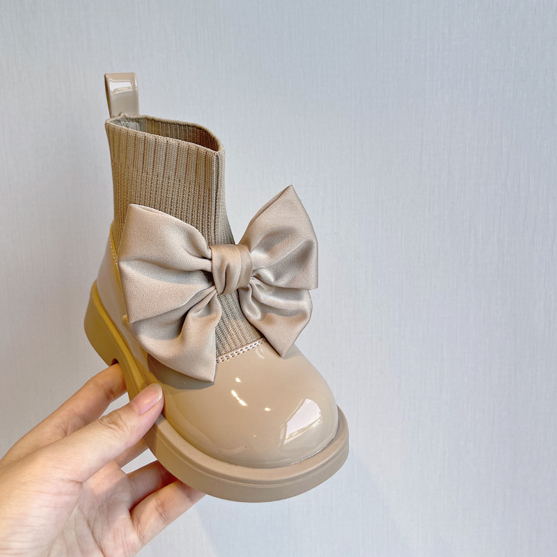Dievčenské ponožkové čižmy z roku 2022, hrubé, s veľkým motýlikom, elegantné, roztomilé detské krátke čižmy, lakovaná koža, zimné, módne, detské topánky s prepravou, F11134