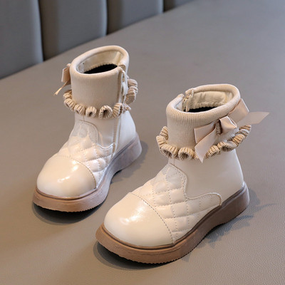 2023 Cizme pentru copii la mijlocul gambei Toamnă Iarnă Ghete noi pentru copii pentru fetiță Pantofi Volane Piele PU Fermoar lateral Cizme pentru fete G09151