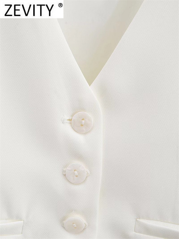 Zevity Ženska moda s V izrezom, jednoredno kopčanje, kratki prsluk za uredske dame, šik bijelo odijelo bez rukava, poslovni, uski gornji dio prsluka CT556