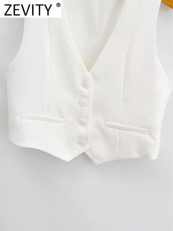 Zevity Ženska moda s V izrezom, jednoredno kopčanje, kratki prsluk za uredske dame, šik bijelo odijelo bez rukava, poslovni, uski gornji dio prsluka CT556