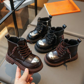 Detské čižmy na platforme, dievčenské topánky, zimné teplé plyšové, britské, strieborné doplnky, študentské vysoké topánky, jasne kožené, G10182