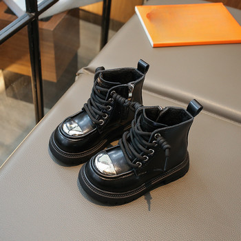 Детски ботуши на платформа Обувки за момичета Зимни топли плюшени британски стил Сребърни аксесоари Студентски високи обувки от ярка кожа G10182