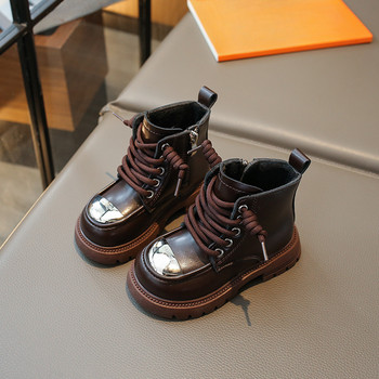 Детски ботуши на платформа Обувки за момичета Зимни топли плюшени британски стил Сребърни аксесоари Студентски високи обувки от ярка кожа G10182