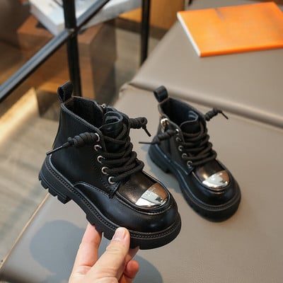 Detské čižmy na platforme, dievčenské topánky, zimné teplé plyšové, britské, strieborné doplnky, študentské vysoké topánky, jasne kožené, G10182