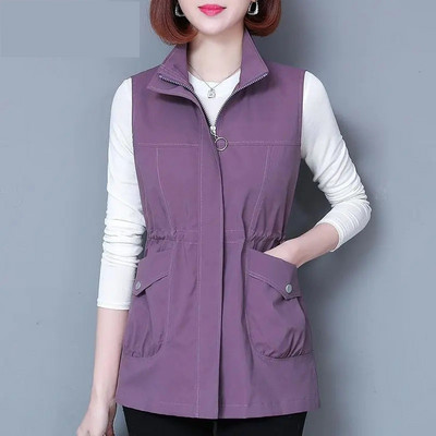 Modni srednje dugi prsluk Ženska jakna bez rukava Proljeće Jesen Jednobojni prsluk s patentnim zatvaračem Ženski prsluk Kaputi Chaleco Mujer