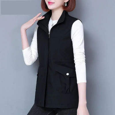 Modni srednje dugi prsluk Ženska jakna bez rukava Proljeće Jesen Jednobojni prsluk s patentnim zatvaračem Ženski prsluk Kaputi Chaleco Mujer