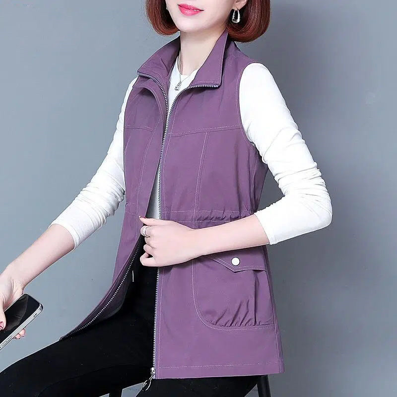 Modni srednje dugi prsluk Ženska jakna bez rukava Proljeće Jesen Jednobojni prsluk s patentnim zatvaračem Ženski prsluk Kaputi Chaleco Mujer