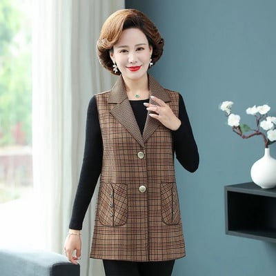 Jarná jesenná dámska vesta, nová kockovaná vesta bez rukávov, vrchné oblečenie pre stredný vek, dámske vesty, kabáty, chalecos para mujer, 5XL