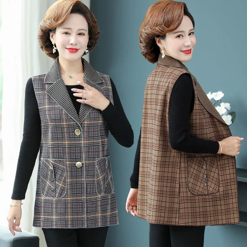 Jarná jesenná dámska vesta, nová kockovaná vesta bez rukávov, vrchné oblečenie pre stredný vek, dámske vesty, kabáty, chalecos para mujer, 5XL