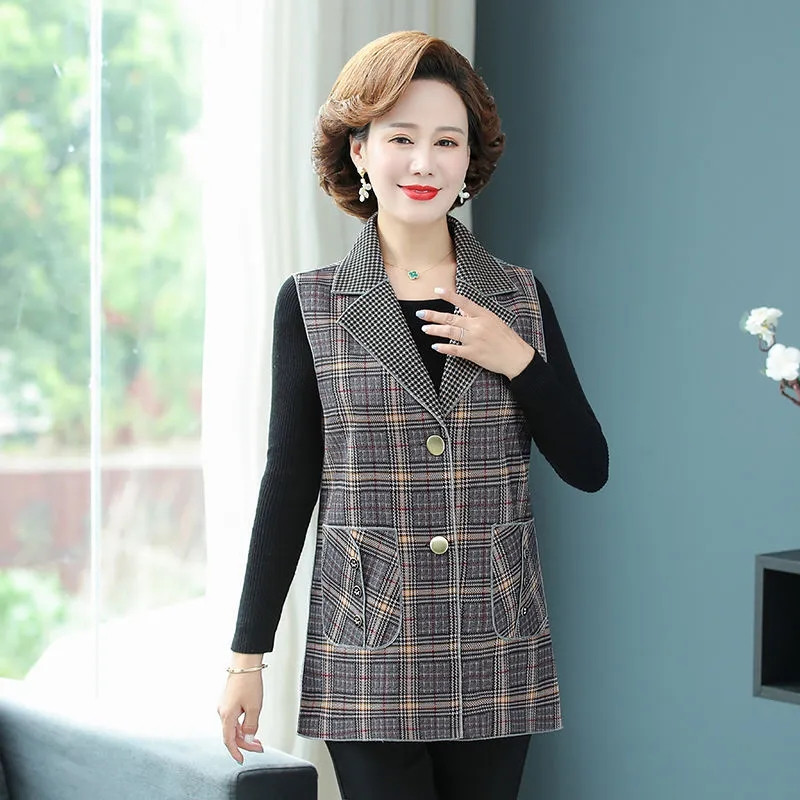 Jarná jesenná dámska vesta, nová kockovaná vesta bez rukávov, vrchné oblečenie pre stredný vek, dámske vesty, kabáty, chalecos para mujer, 5XL