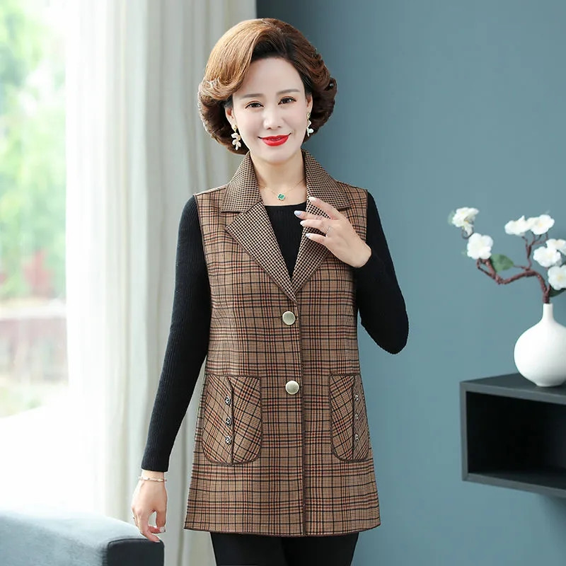 Jarná jesenná dámska vesta, nová kockovaná vesta bez rukávov, vrchné oblečenie pre stredný vek, dámske vesty, kabáty, chalecos para mujer, 5XL