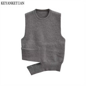 KEYANKETIAN, toamnă, noi, design deschis pentru femei, vestă din tricot asimetrică din amestec de lână, subțire, cu gâtul în formă de O, pulover fără mâneci, bluză crop top